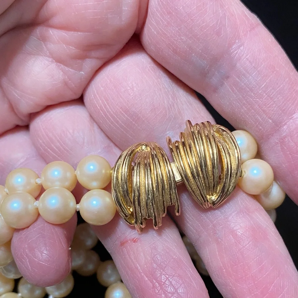 Vintage Double strand 8mm individually tied Pearl Necklace with Gold Clasp
